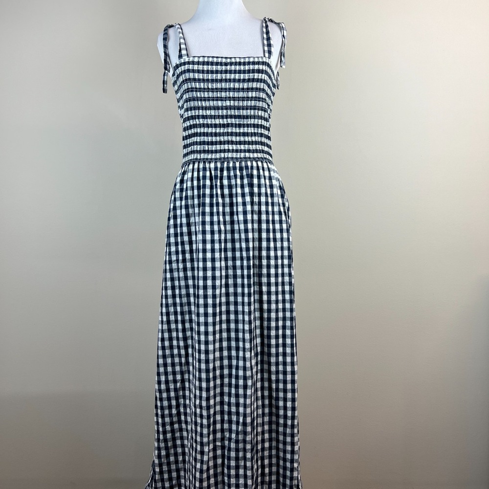 Amalli Talli Maxi Dress Womens Small Navy White Gingham Smocked Tie Cottagecore